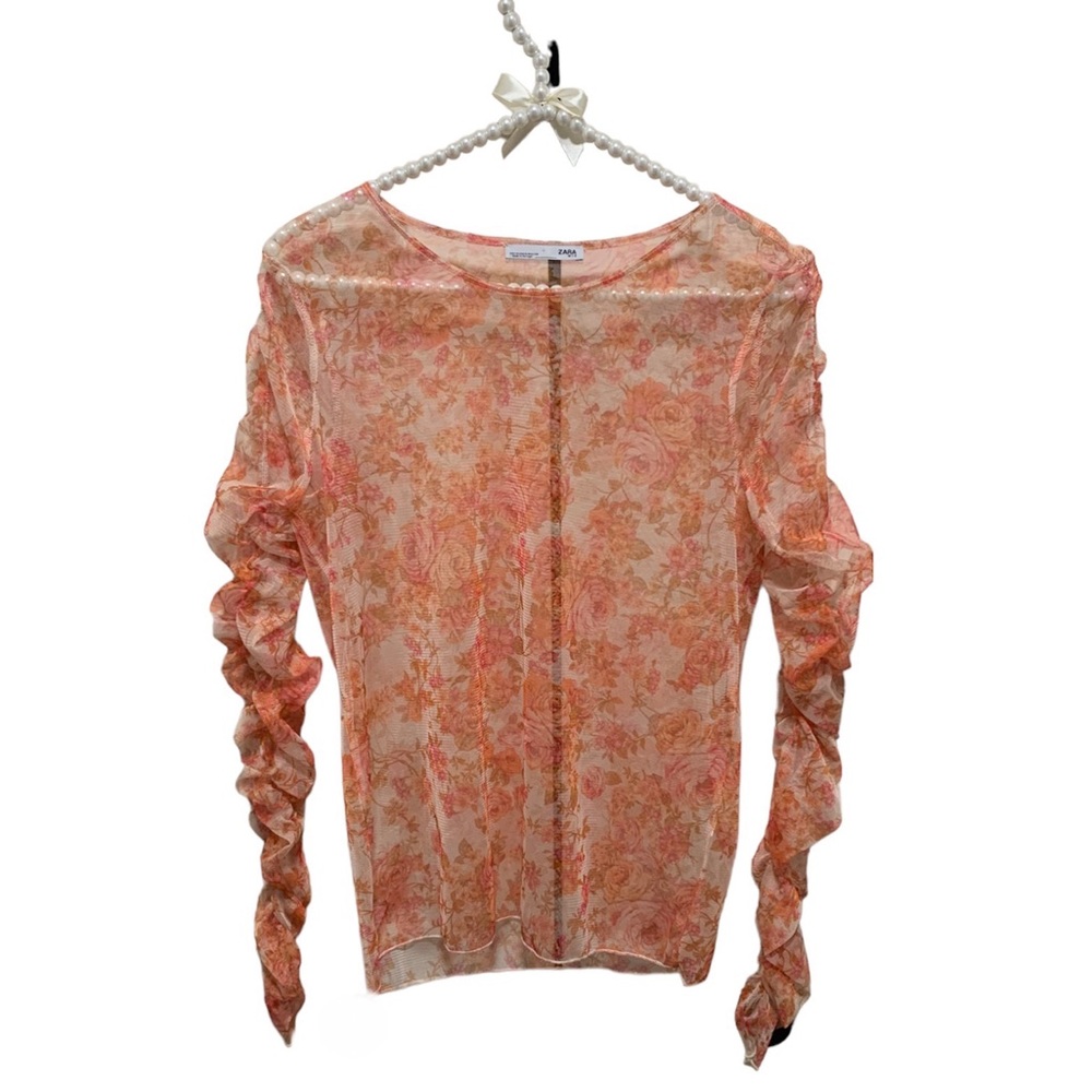 Zara floral mesh ruched long sleeve shirt size medium